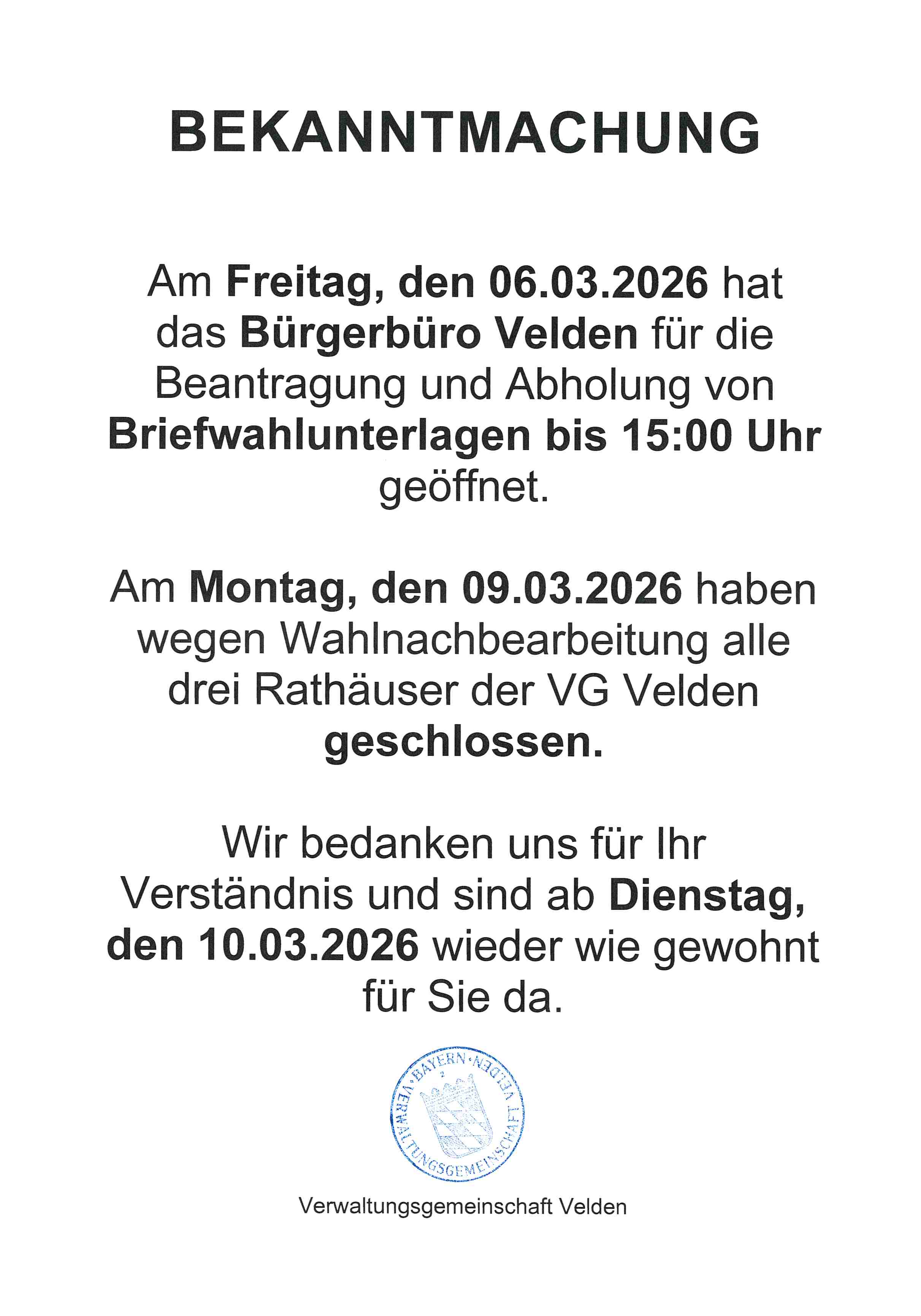 Bekanntmachung Öffnungszeiten zur Kommunalwahl